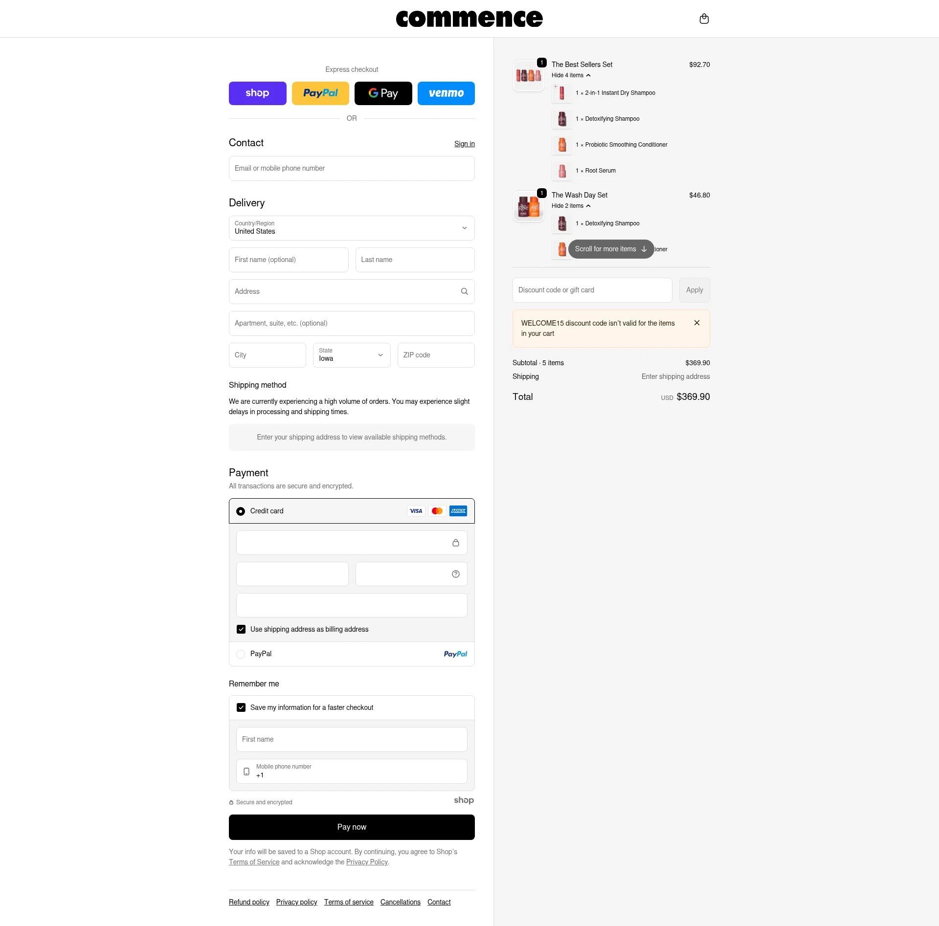 Commence Haircare checkout page showing Commence Haircare promo code box | Screenshot taken by SimplyCodes community member on Dec 29, 2025