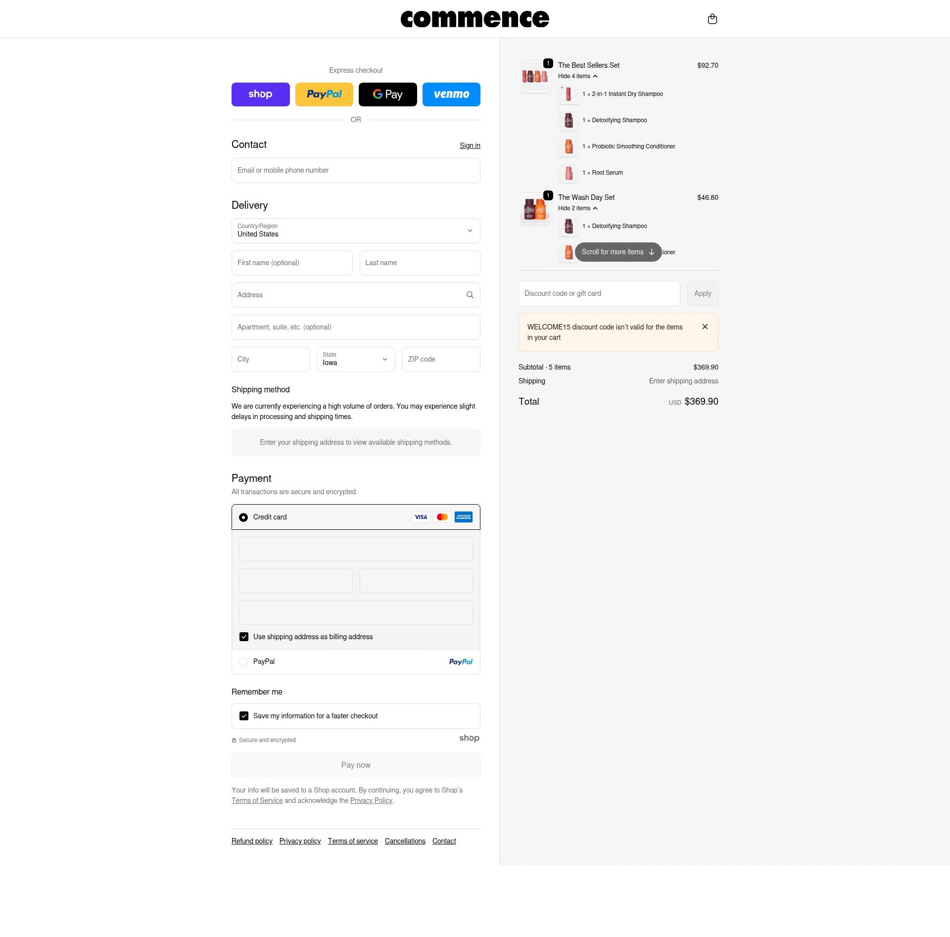 Commence Haircare checkout page showing Commence Haircare promo code box | Screenshot taken by SimplyCodes community member on Dec 24, 2025