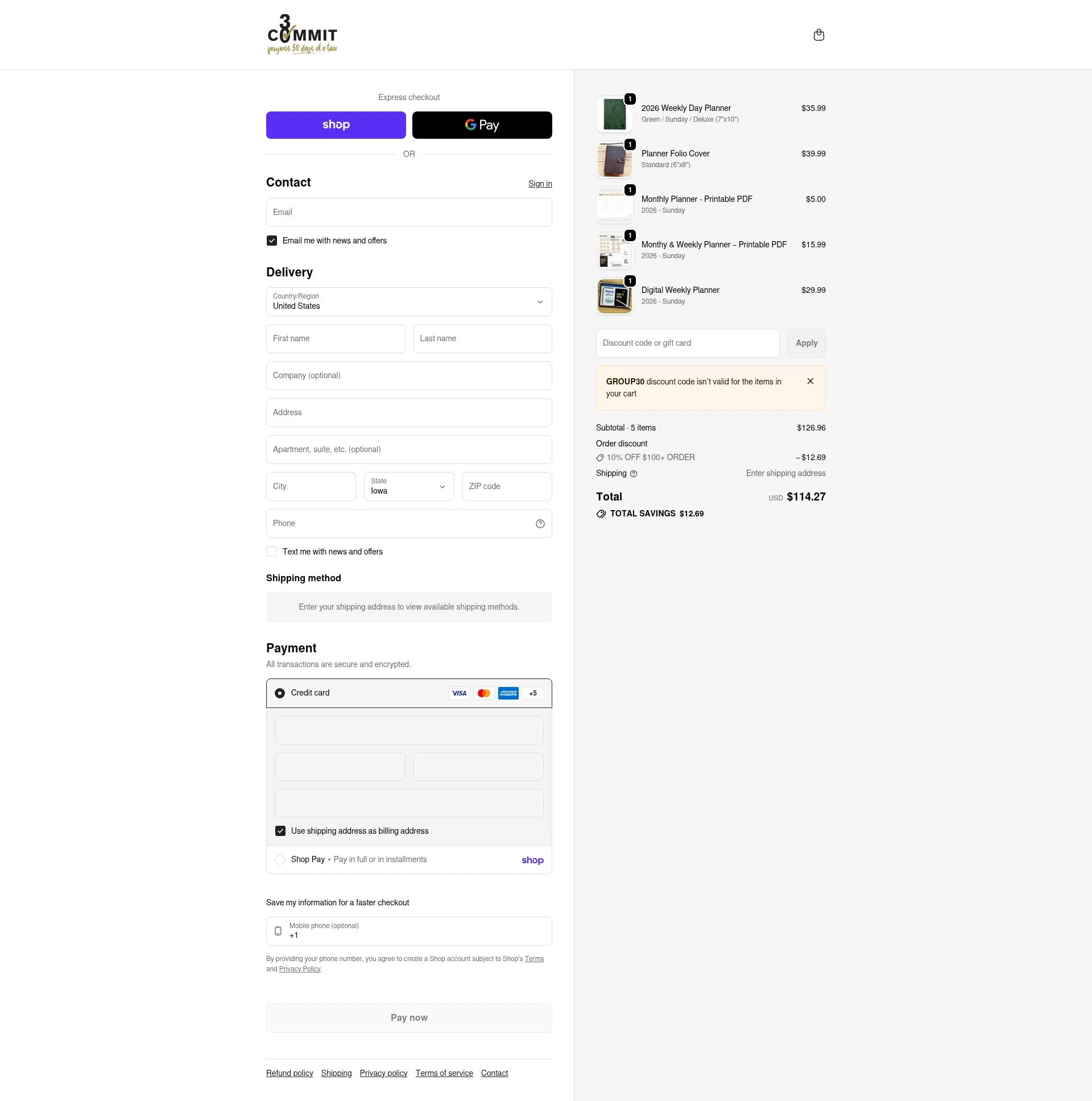 Commit 30 checkout page showing Commit 30 discount code box | Screenshot taken by SimplyCodes community member on Feb 5, 2026