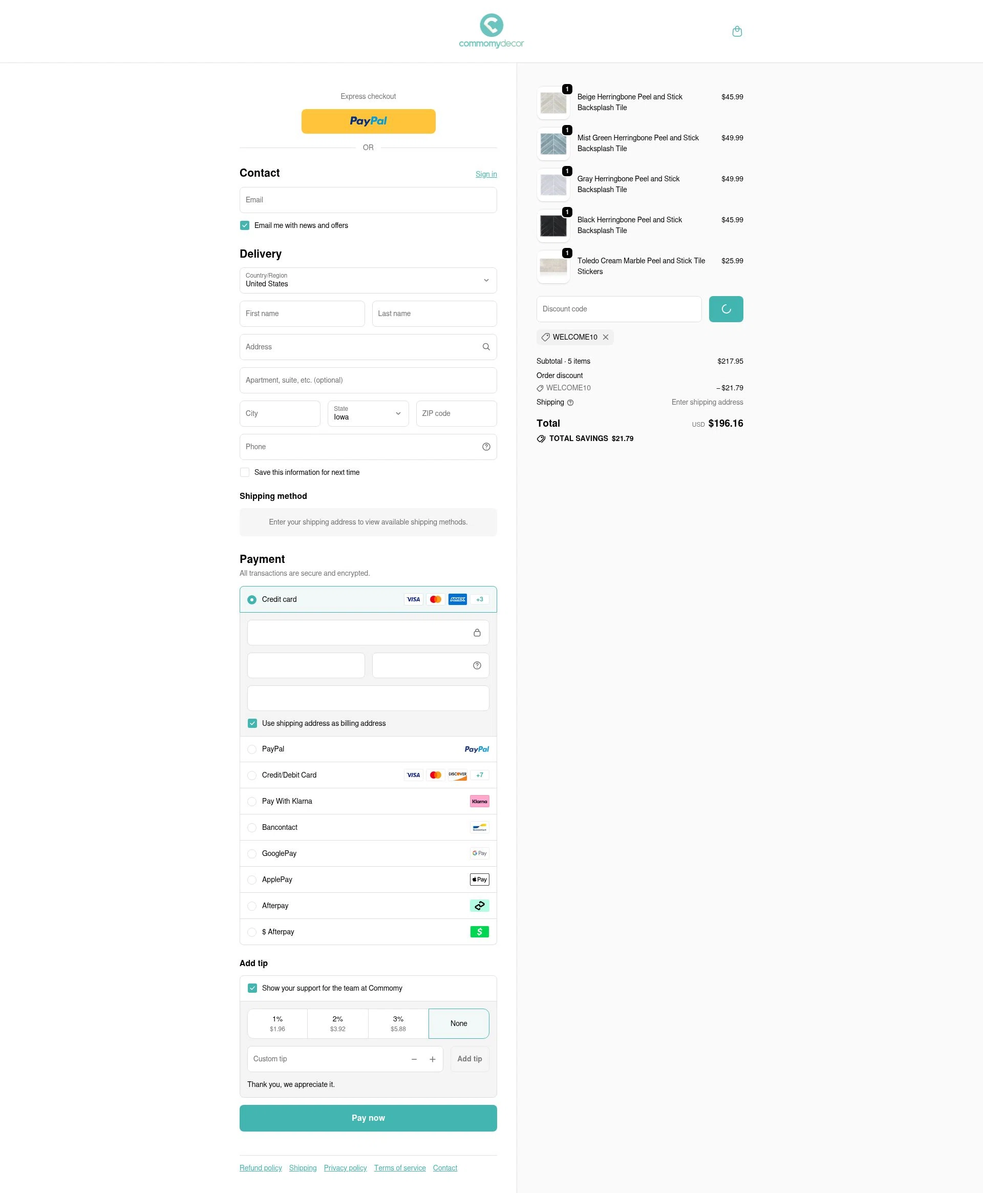 Commomy Decor checkout page showing Commomy Decor discount code box | Screenshot taken by SimplyCodes community member on Jan 8, 2026