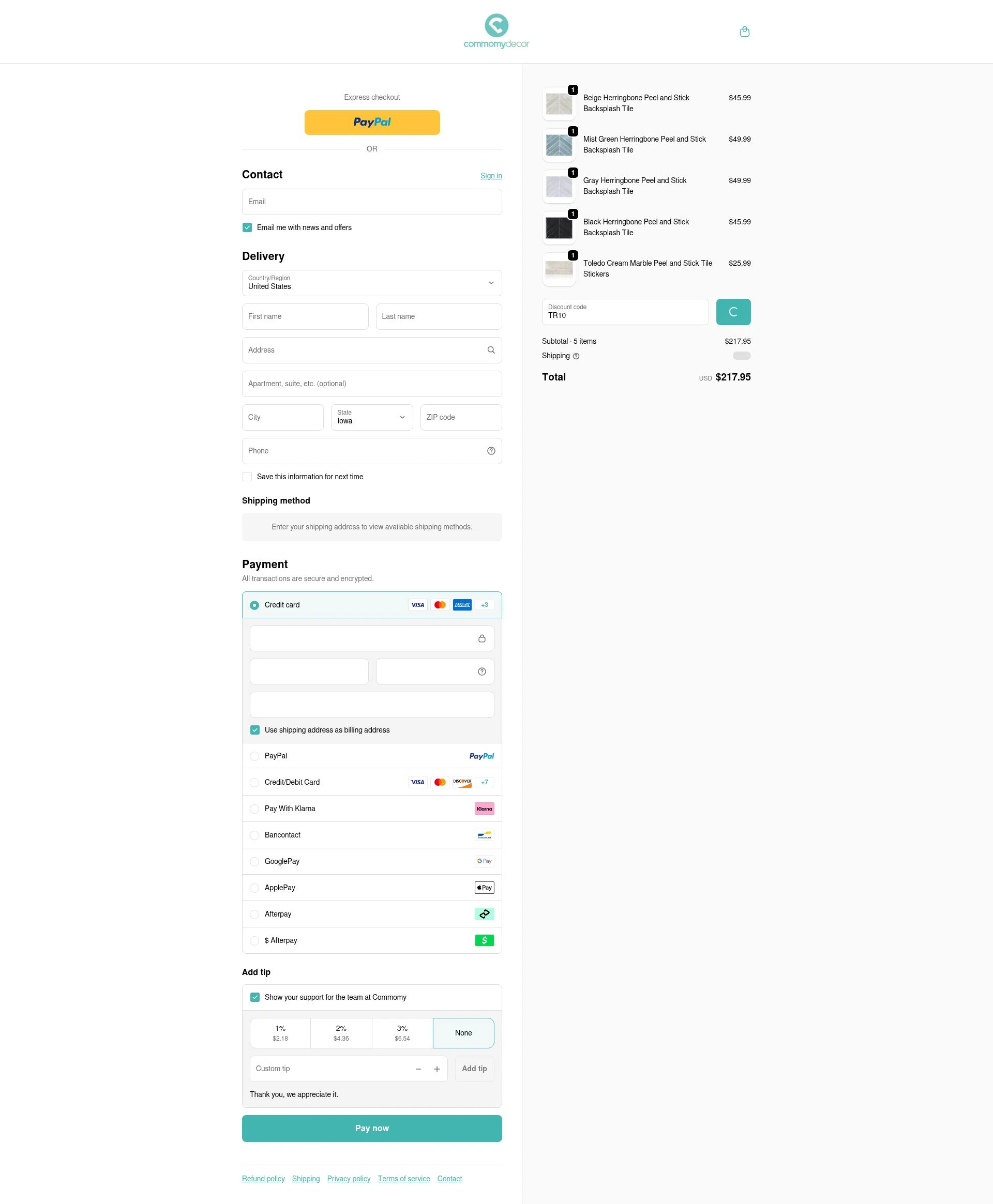 Commomy Decor checkout page showing Commomy Decor discount code box | Screenshot taken by SimplyCodes community member on Jan 8, 2026