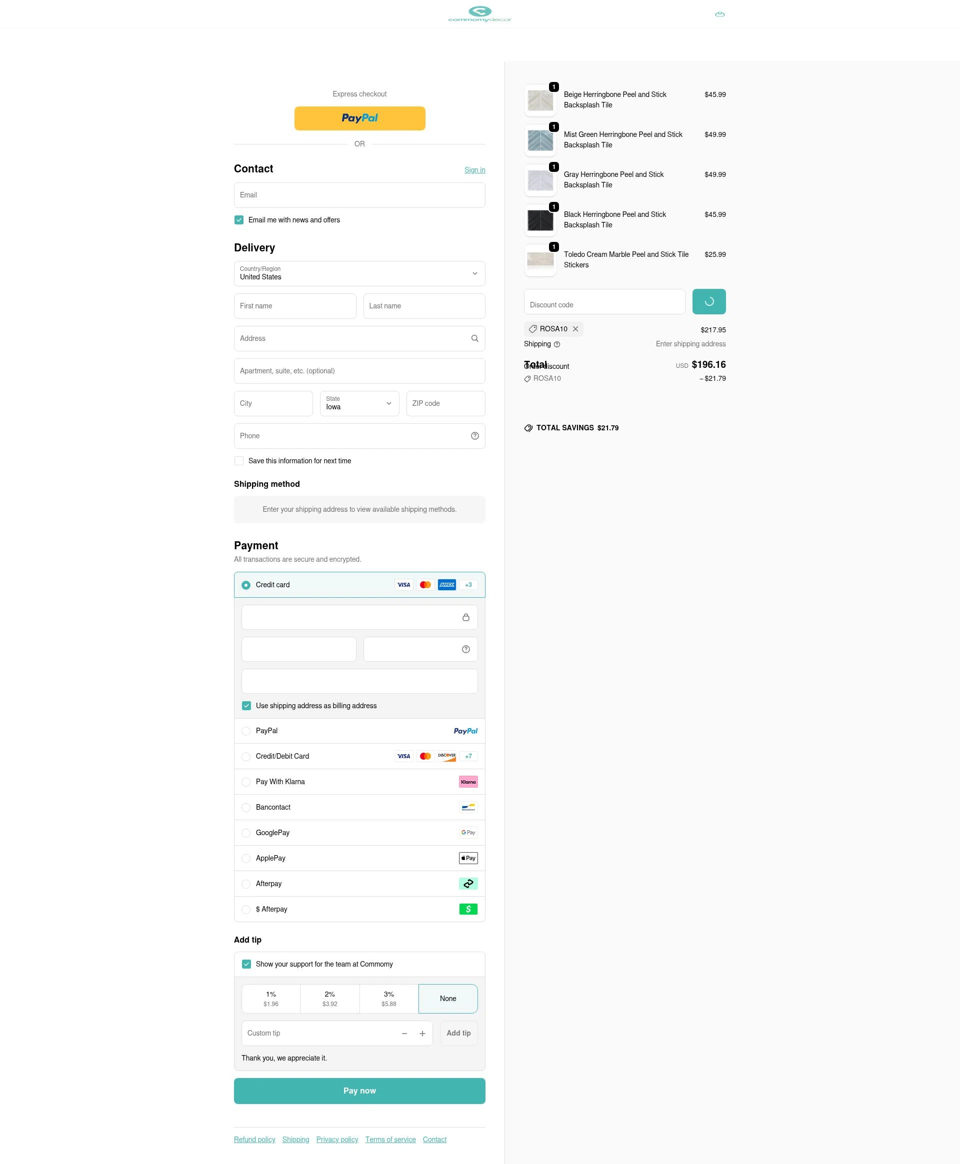 Commomy Decor checkout page showing Commomy Decor discount code box | Screenshot taken by SimplyCodes community member on Jan 8, 2026