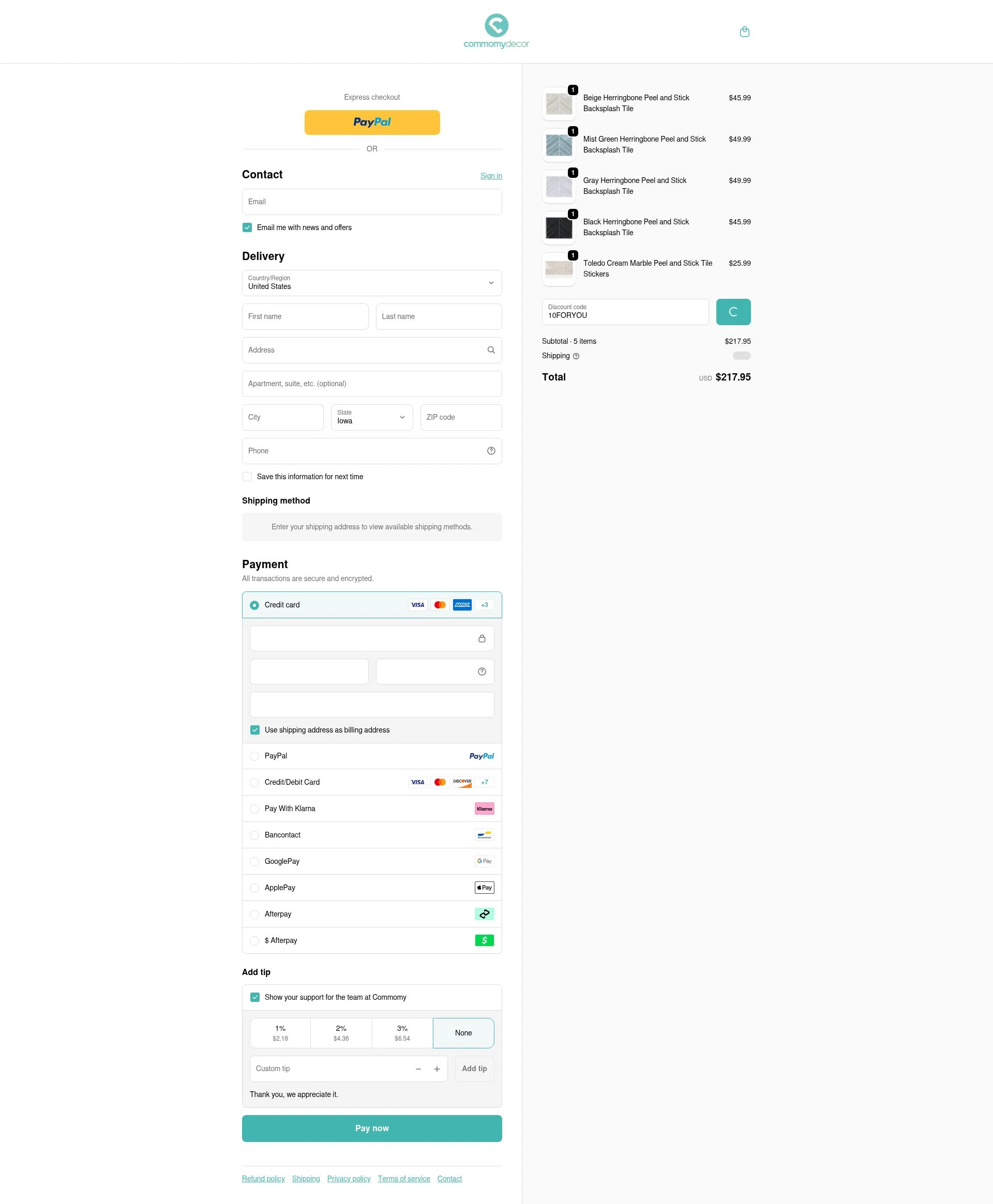 Commomy Decor checkout page showing Commomy Decor discount code box | Screenshot taken by SimplyCodes community member on Jan 8, 2026