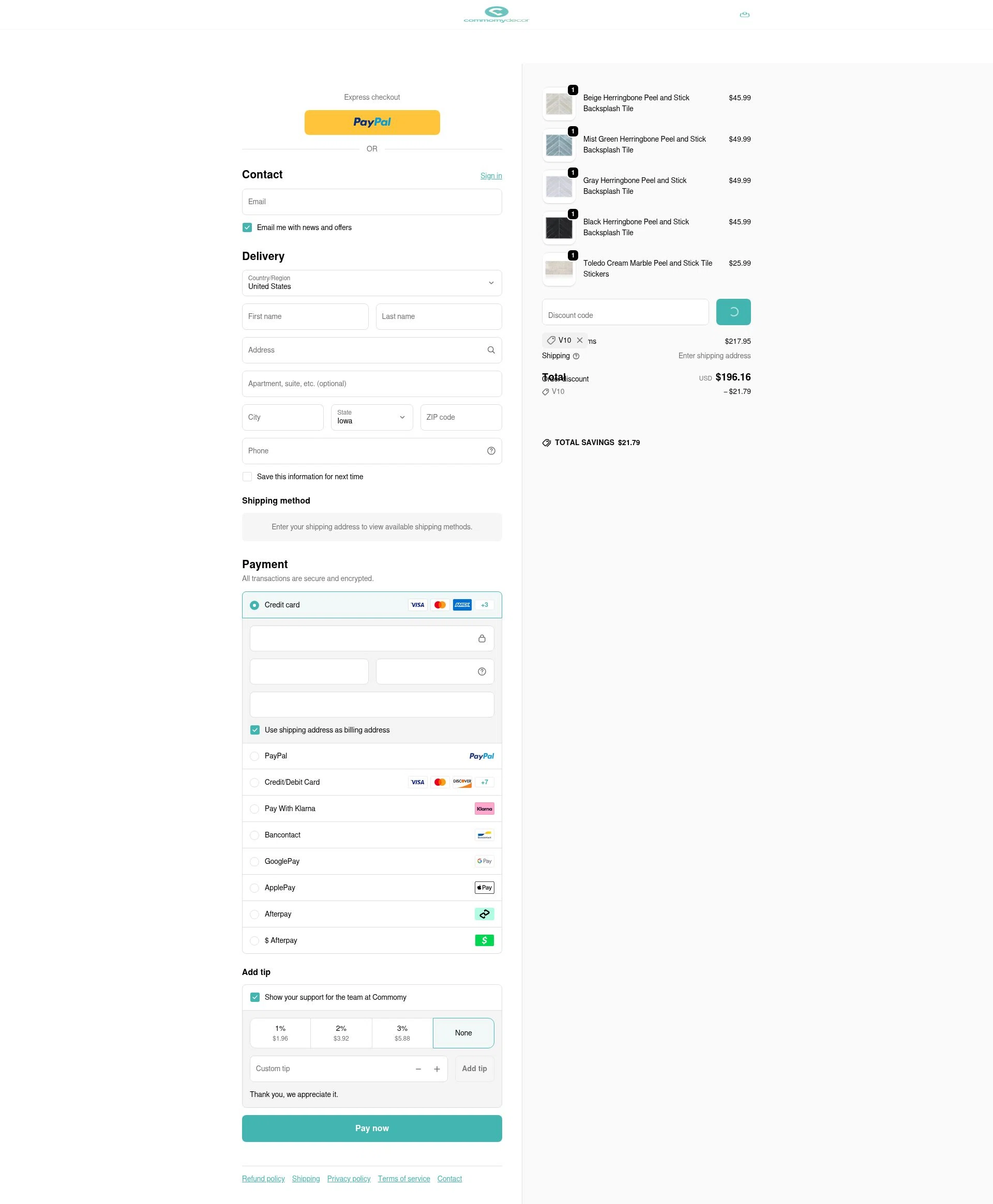 Commomy Decor checkout page showing Commomy Decor discount code box | Screenshot taken by SimplyCodes community member on Jan 8, 2026