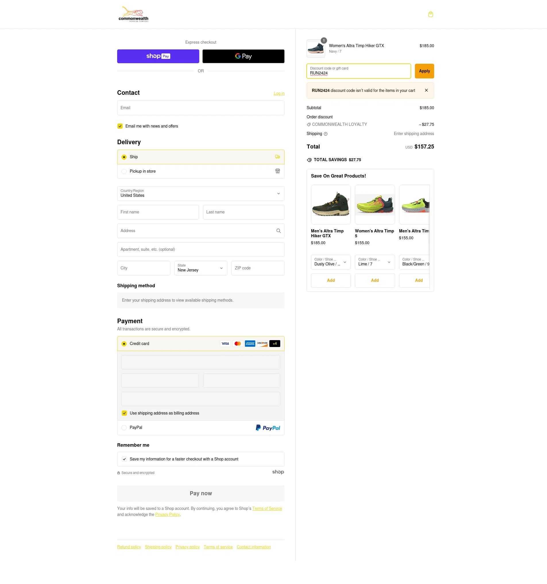 Commonwealth Running Co. checkout page showing Commonwealth Running Co. promo code box | Screenshot taken by SimplyCodes community member on Dec 14, 2024
