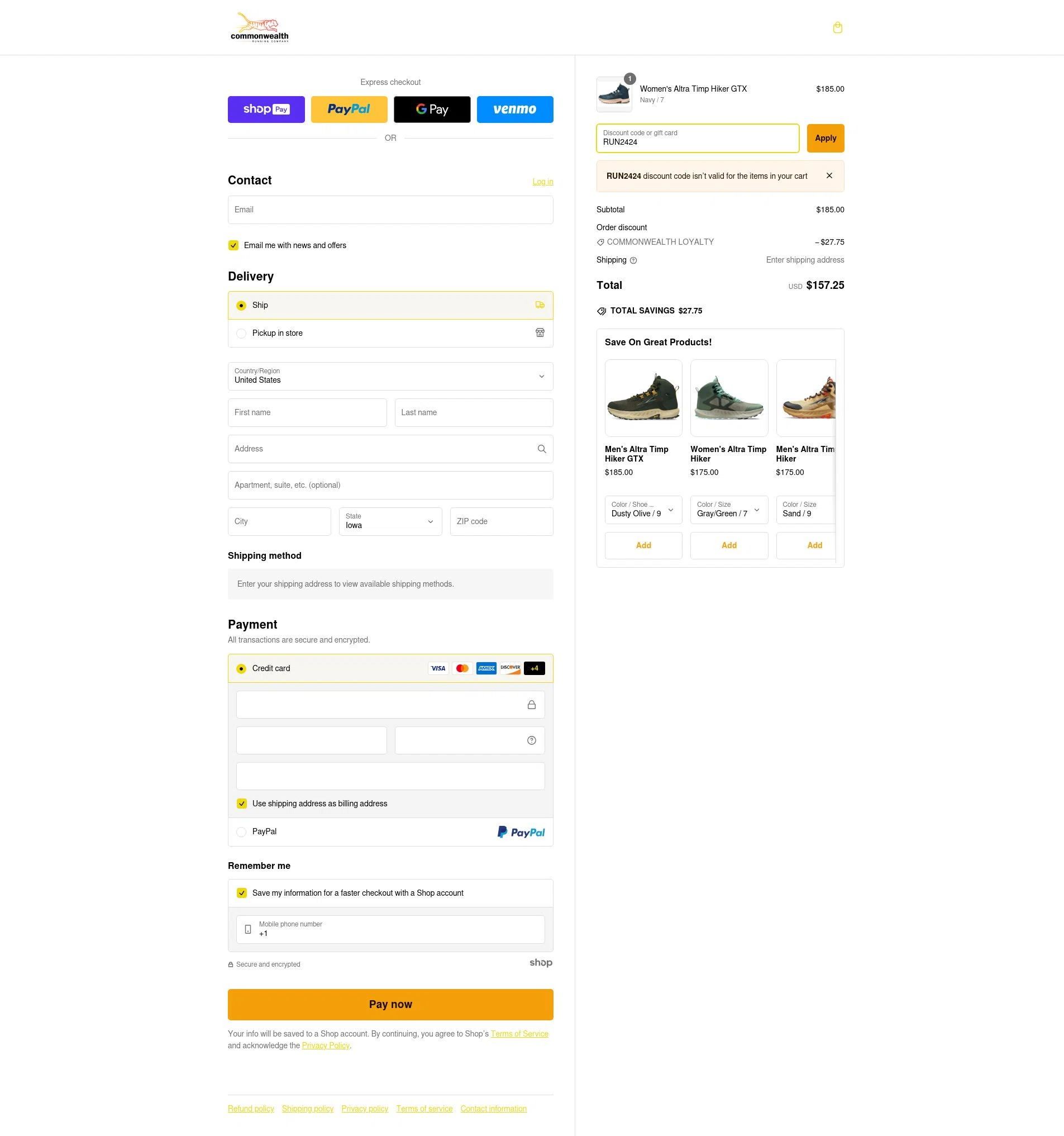 Commonwealth Running Co. checkout page showing Commonwealth Running Co. promo code box | Screenshot taken by SimplyCodes community member on Dec 18, 2024