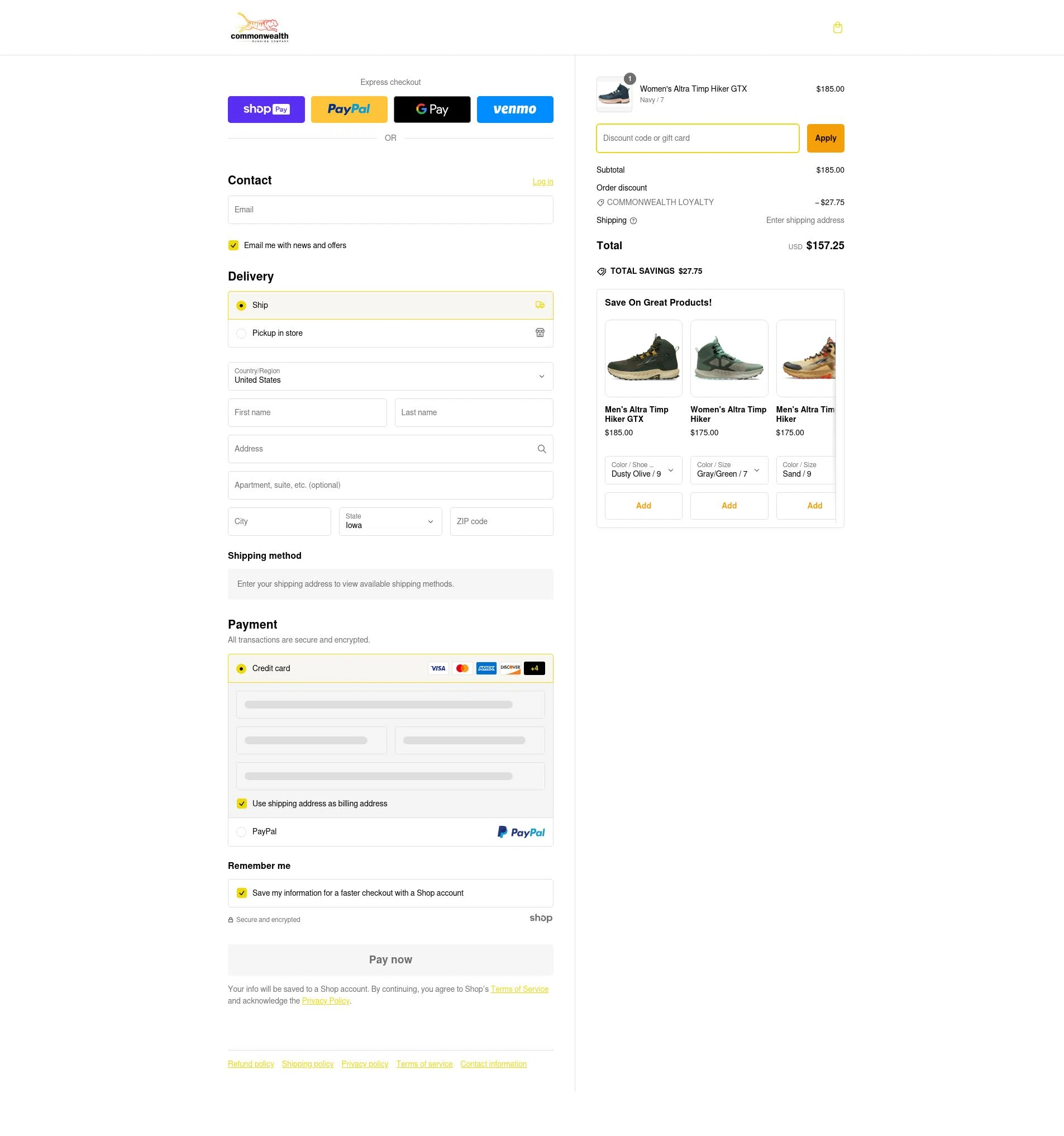 Commonwealth Running Co. checkout page showing Commonwealth Running Co. promo code box | Screenshot taken by SimplyCodes community member on Dec 18, 2024