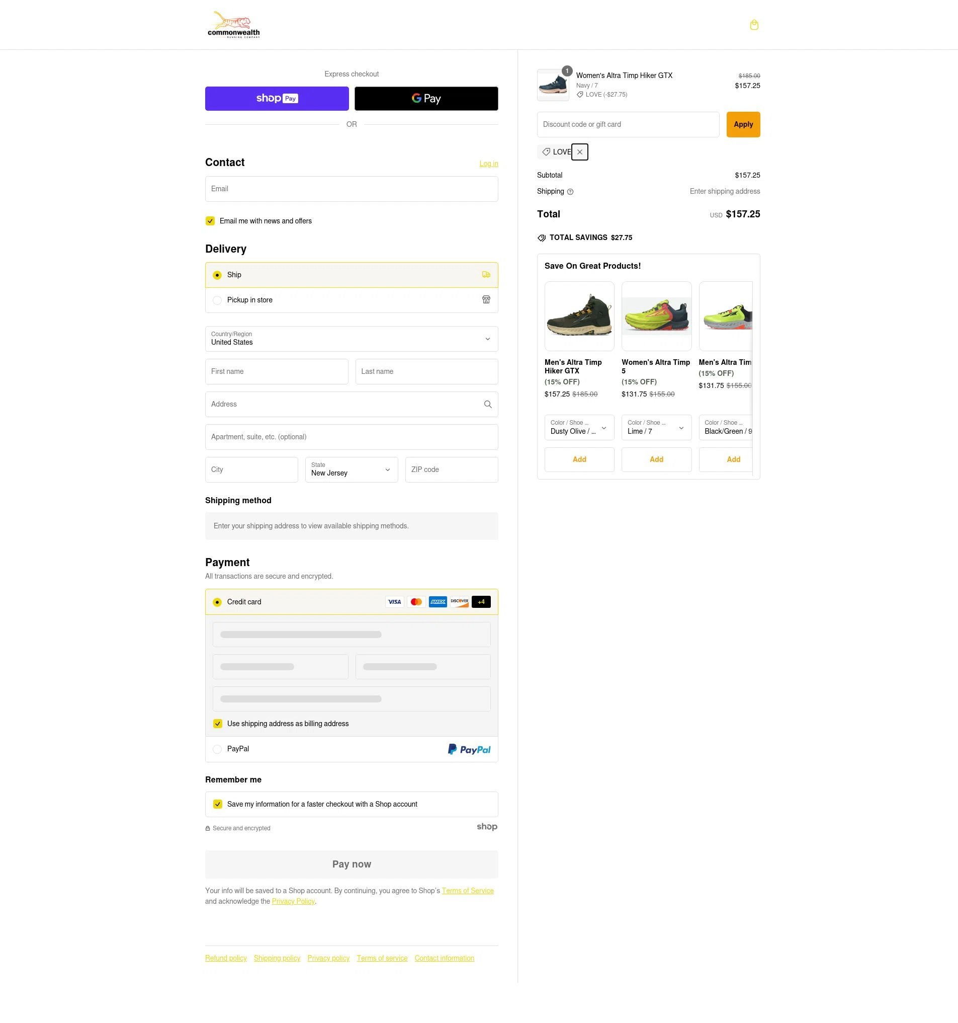 Commonwealth Running Co. checkout page showing Commonwealth Running Co. promo code box | Screenshot taken by SimplyCodes community member on Dec 14, 2024