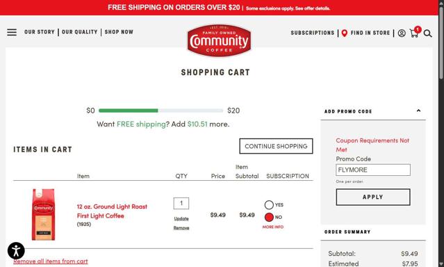Community Coffee checkout page showing Community Coffee coupon code box | Screenshot taken by SimplyCodes community member on Jun 27, 2025
