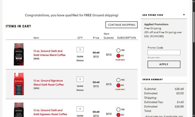Community Coffee checkout page showing Community Coffee coupon code box | Screenshot taken by SimplyCodes community member on Jun 27, 2025