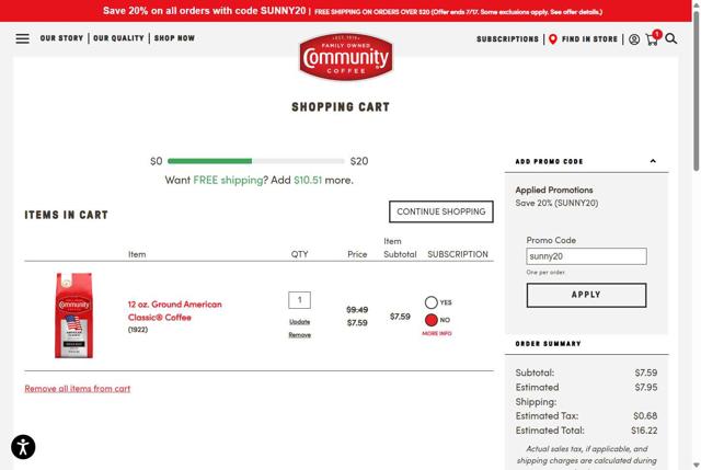 Community Coffee checkout page showing Community Coffee coupon code box | Screenshot taken by SimplyCodes community member on Jul 14, 2025