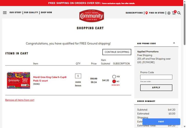 Community Coffee checkout page showing Community Coffee coupon code box | Screenshot taken by SimplyCodes community member on Jul 26, 2025