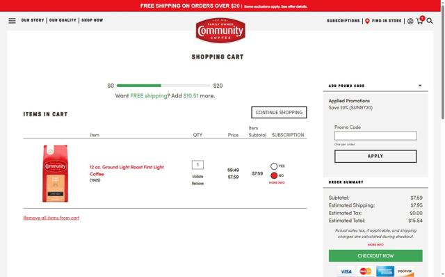 Community Coffee checkout page showing Community Coffee coupon code box | Screenshot taken by SimplyCodes community member on Jul 14, 2025