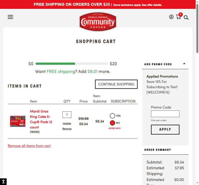 Community Coffee checkout page showing Community Coffee coupon code box | Screenshot taken by SimplyCodes community member on Sep 10, 2025