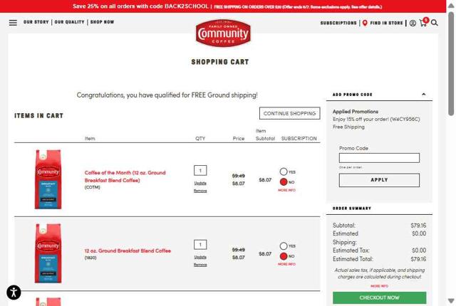 Community Coffee checkout page showing Community Coffee coupon code box | Screenshot taken by SimplyCodes community member on Aug 6, 2025