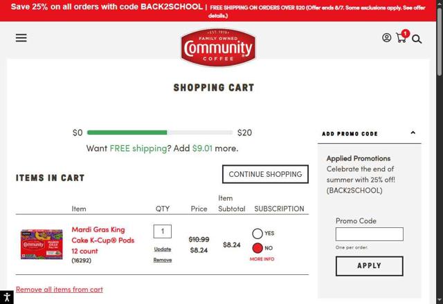 Community Coffee checkout page showing Community Coffee coupon code box | Screenshot taken by SimplyCodes community member on Aug 4, 2025