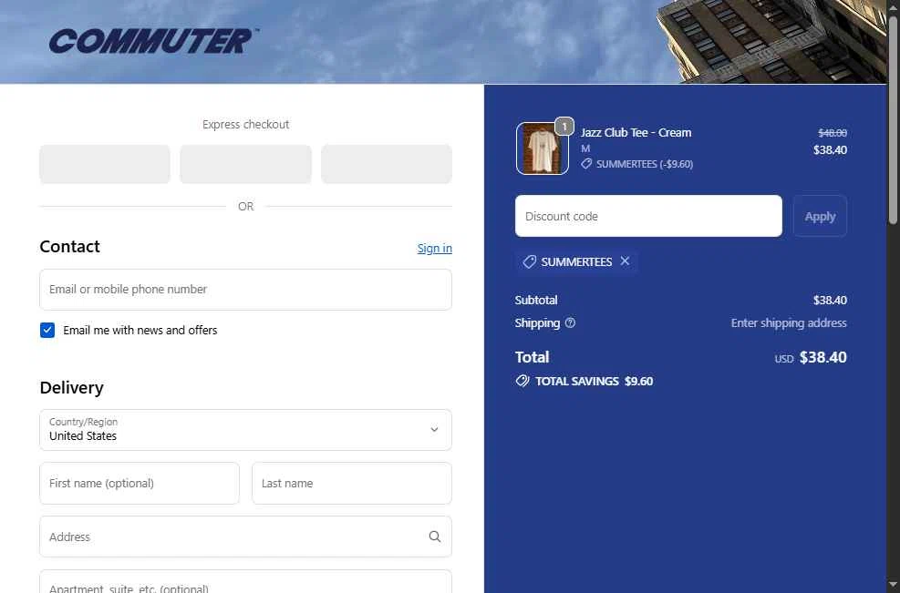 Commuter NY checkout page showing Commuter NY promo code box | Screenshot taken by SimplyCodes community member on Nov 10, 2025