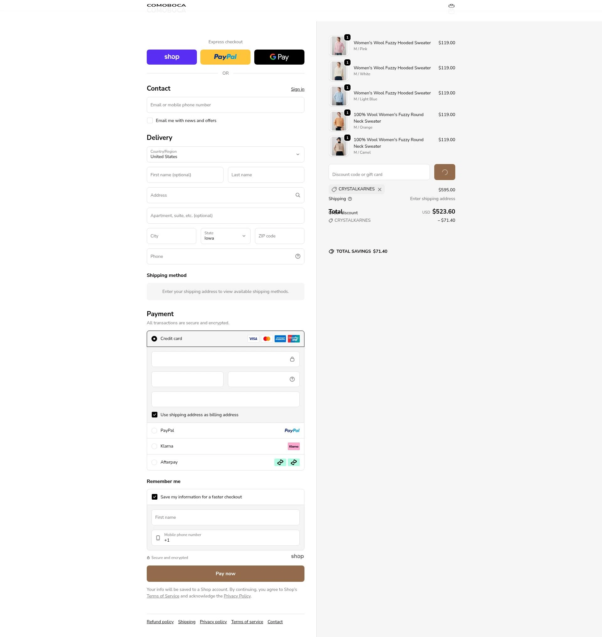 Comoboca checkout page showing Comoboca promo code box | Screenshot taken by SimplyCodes community member on Jan 2, 2026