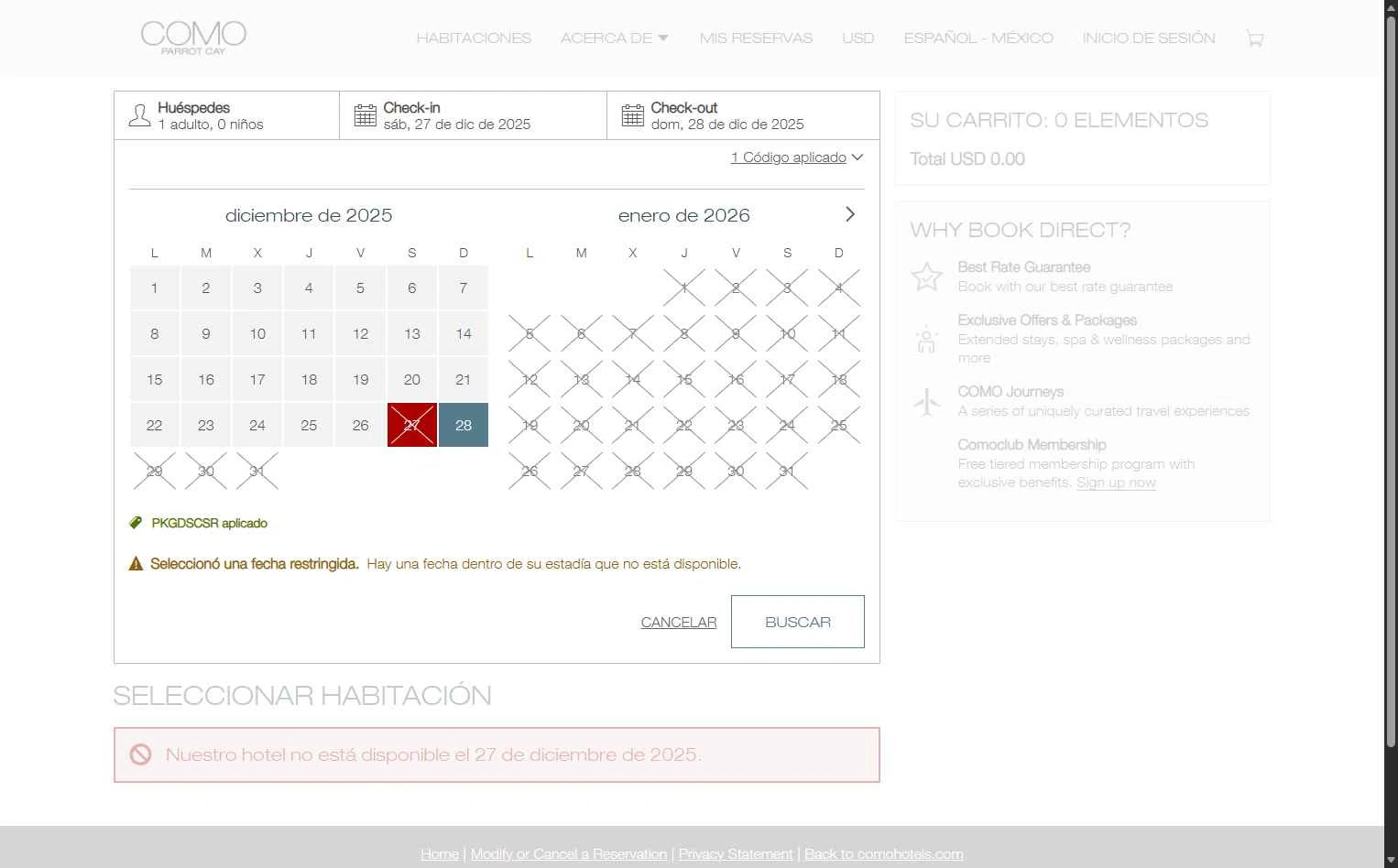 Como Hotels and Resorts checkout page showing Como Hotels and Resorts promo code box | Screenshot taken by SimplyCodes community member on Dec 27, 2025