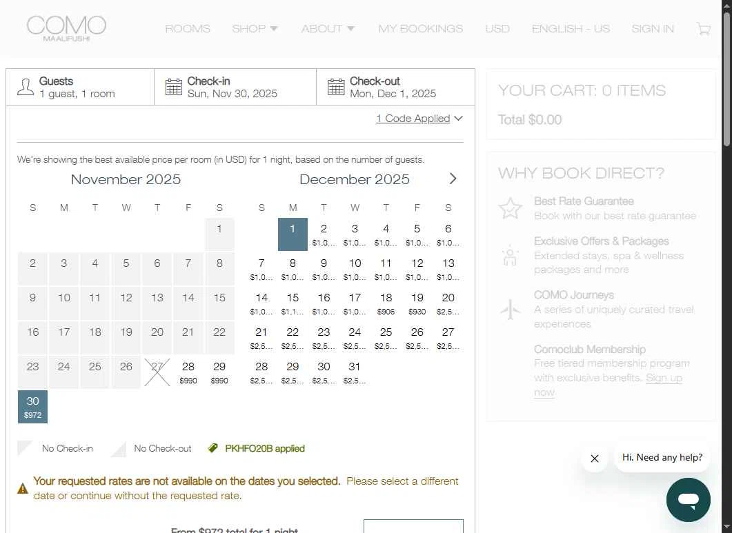 Como Hotels and Resorts checkout page showing Como Hotels and Resorts promo code box | Screenshot taken by SimplyCodes community member on Nov 27, 2025