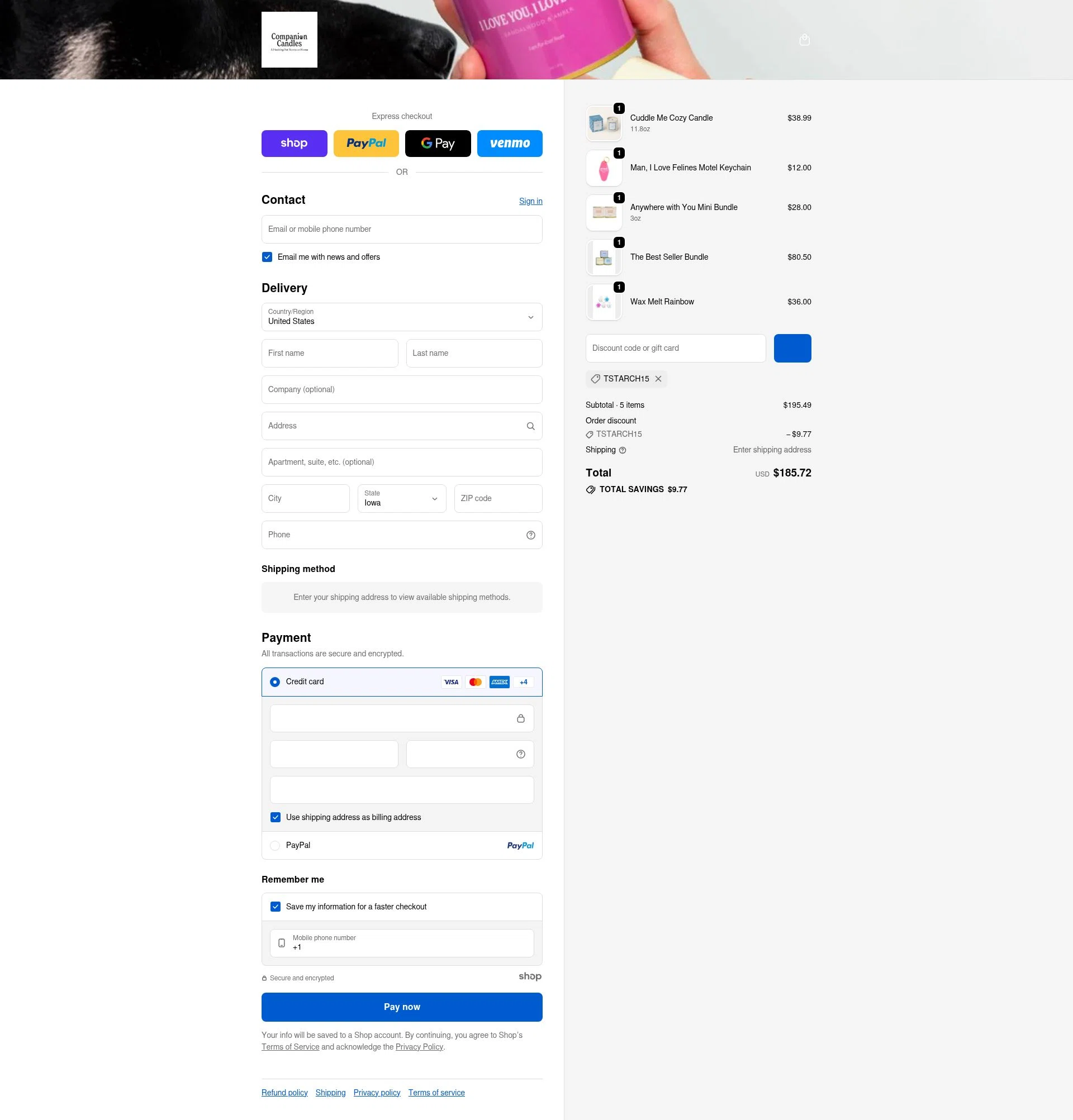 Companion Candles checkout page showing Companion Candles promo code box | Screenshot taken by SimplyCodes community member on Jan 8, 2026