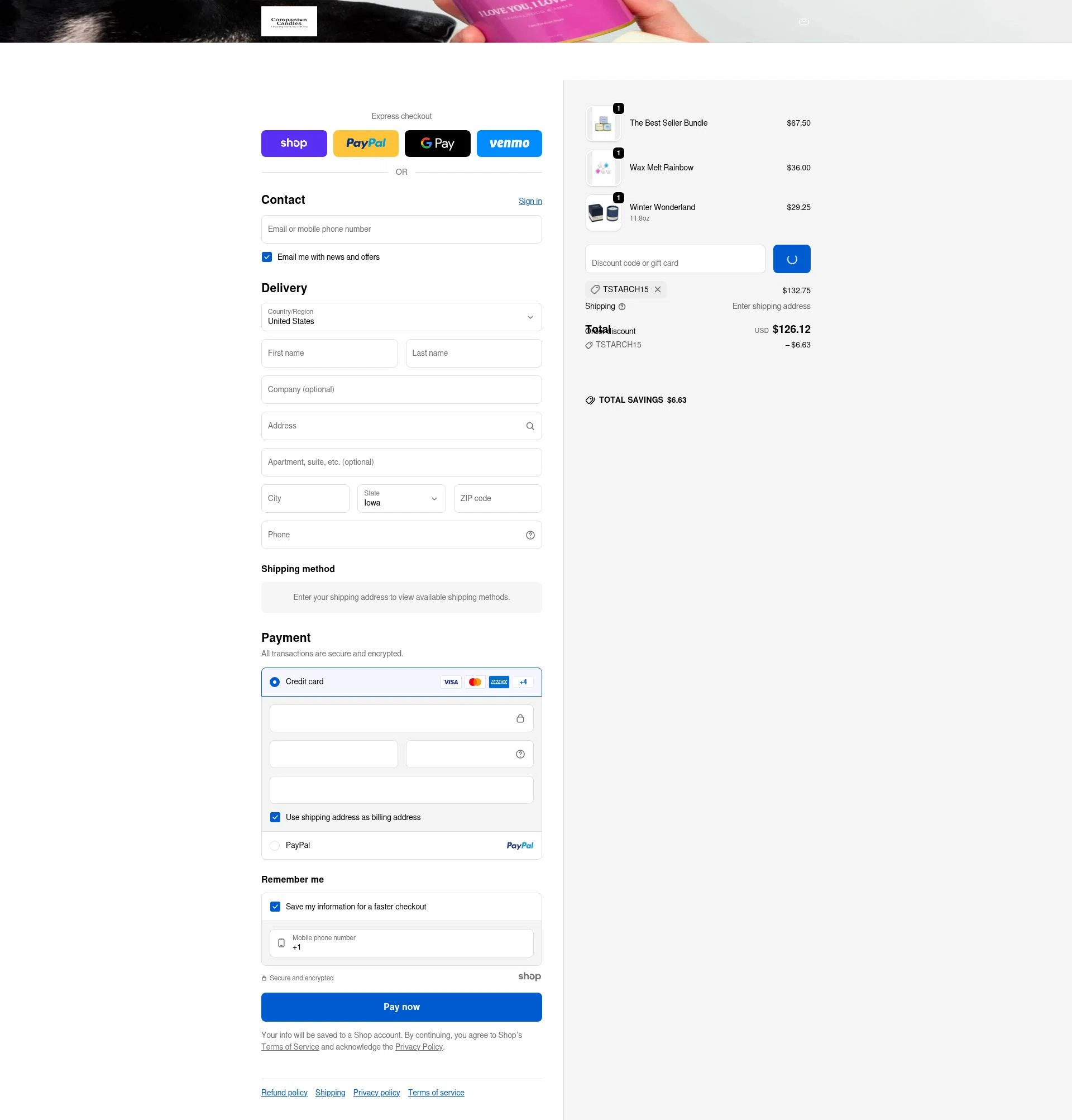 Companion Candles checkout page showing Companion Candles promo code box | Screenshot taken by SimplyCodes community member on Jan 3, 2026