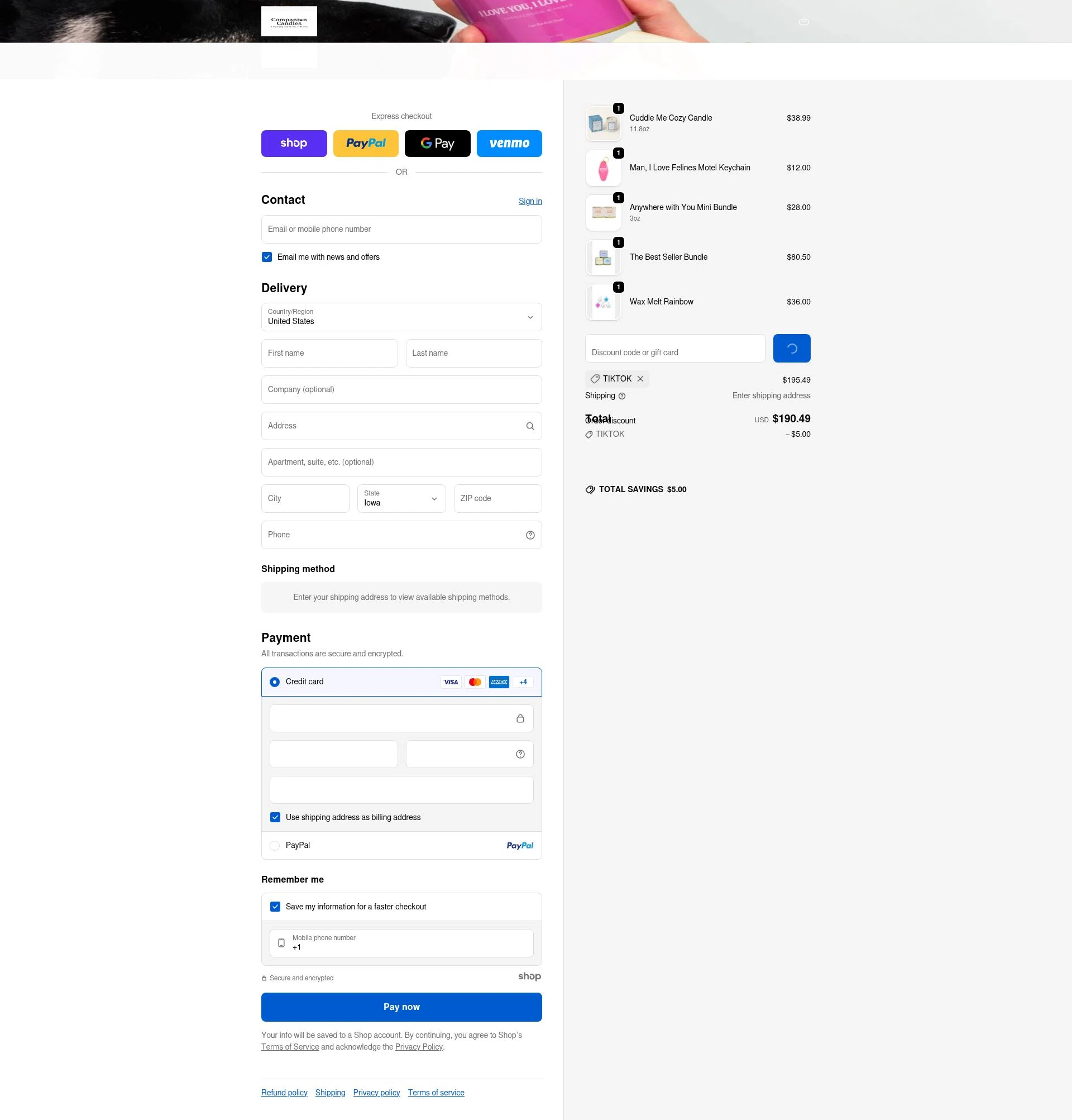 Companion Candles checkout page showing Companion Candles promo code box | Screenshot taken by SimplyCodes community member on Jan 8, 2026