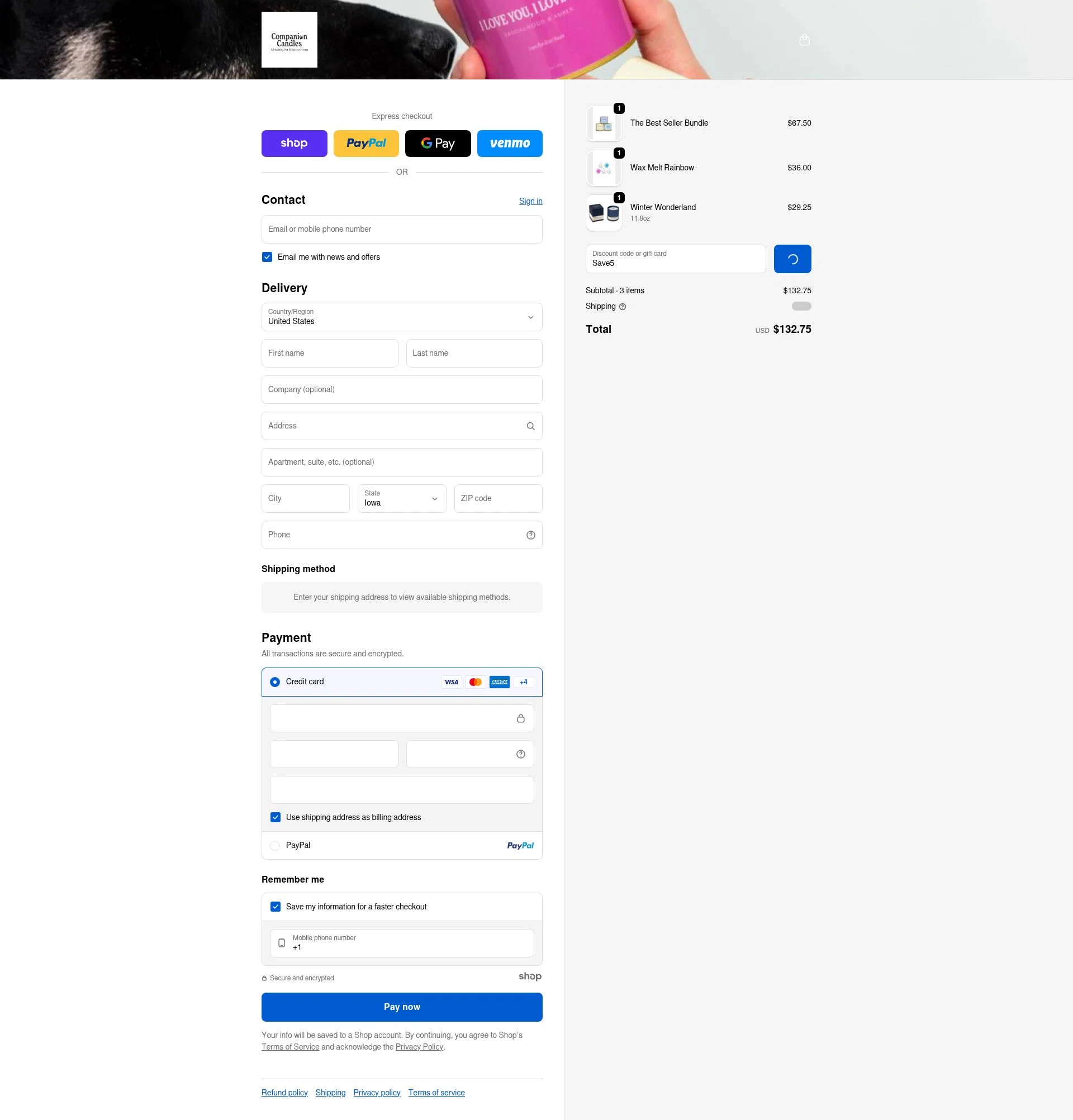 Companion Candles checkout page showing Companion Candles promo code box | Screenshot taken by SimplyCodes community member on Jan 3, 2026