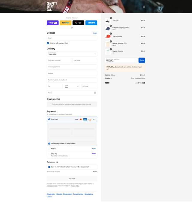 Compete Every Day checkout page showing Compete Every Day promo code box | Screenshot taken by SimplyCodes community member on Aug 28, 2025