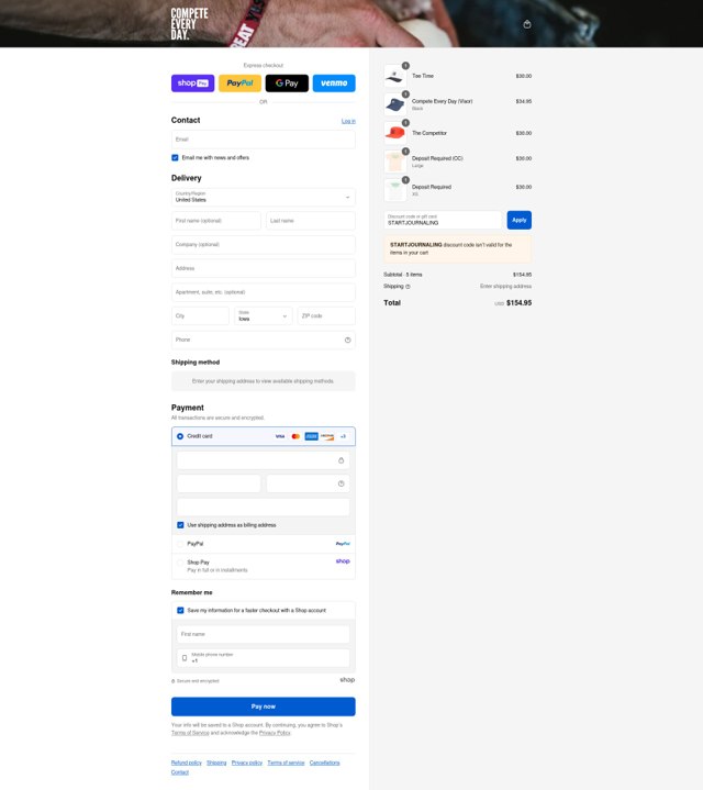 Compete Every Day checkout page showing Compete Every Day promo code box | Screenshot taken by SimplyCodes community member on Aug 28, 2025