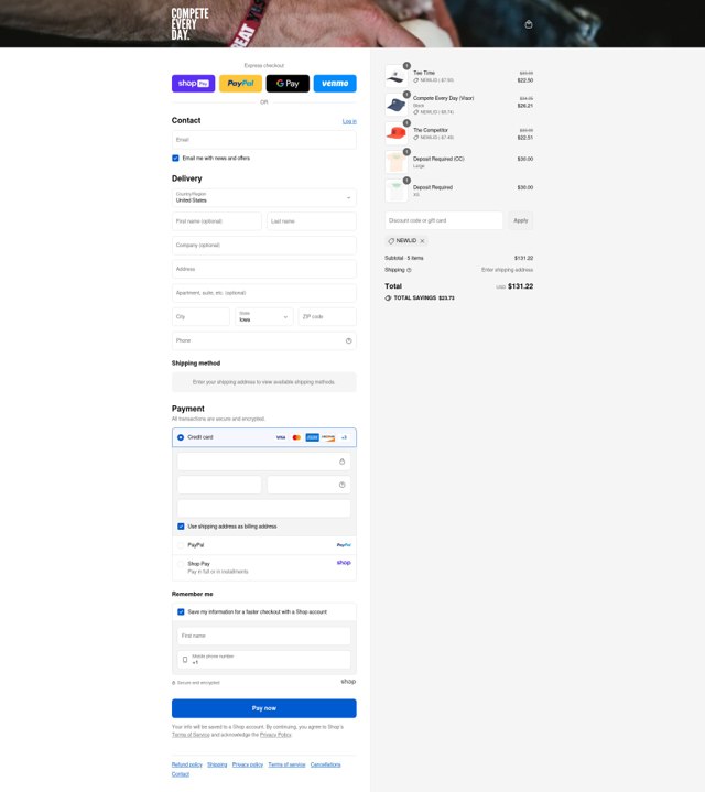 Compete Every Day checkout page showing Compete Every Day promo code box | Screenshot taken by SimplyCodes community member on Aug 28, 2025
