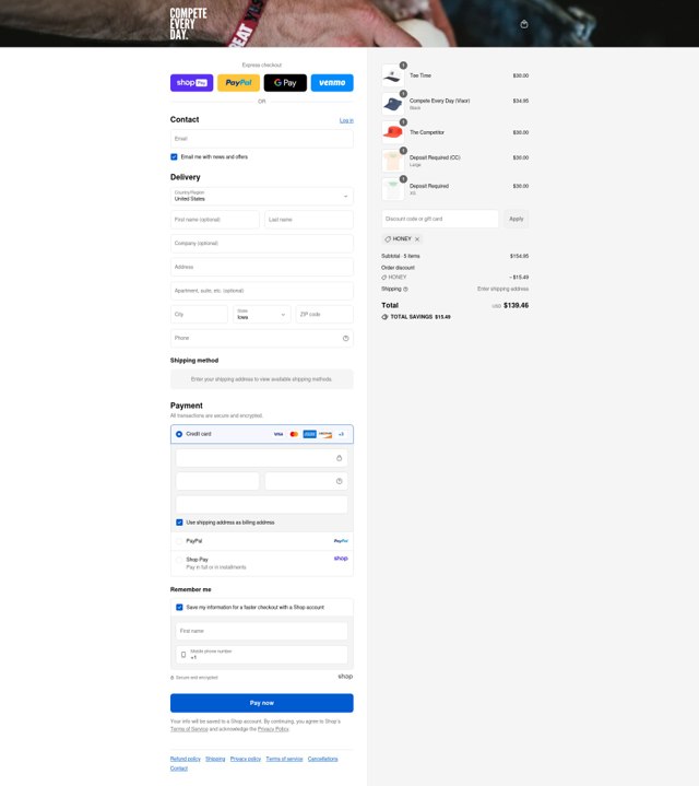 Compete Every Day checkout page showing Compete Every Day promo code box | Screenshot taken by SimplyCodes community member on Aug 28, 2025