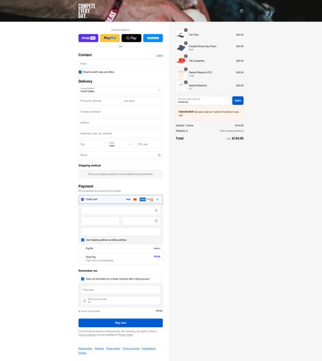 Compete Every Day checkout page showing Compete Every Day promo code box | Screenshot taken by SimplyCodes community member on Aug 28, 2025