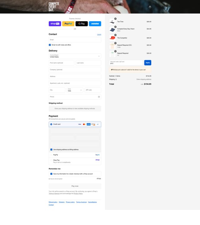 Compete Every Day checkout page showing Compete Every Day promo code box | Screenshot taken by SimplyCodes community member on Aug 28, 2025