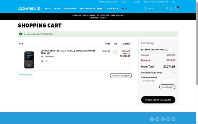 Compex checkout page showing Compex promo code box | Screenshot taken by SimplyCodes community member on Jul 18, 2025
