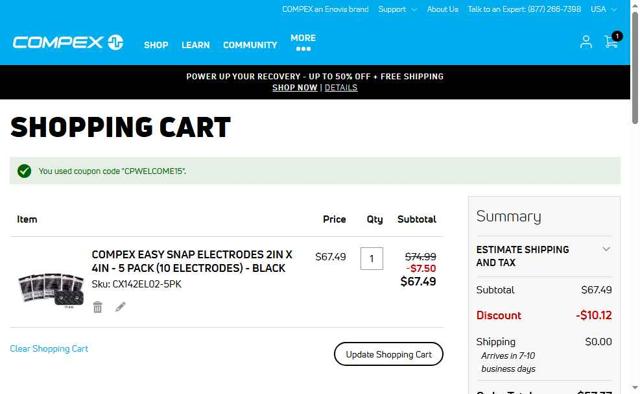Compex checkout page showing Compex promo code box | Screenshot taken by SimplyCodes community member on Jul 18, 2025