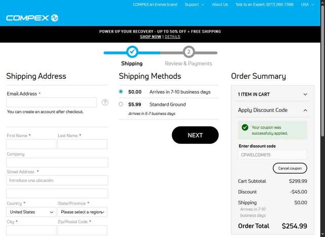 Compex checkout page showing Compex promo code box | Screenshot taken by SimplyCodes community member on Jul 29, 2025
