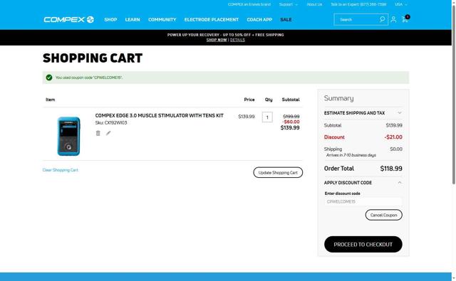 Compex checkout page showing Compex promo code box | Screenshot taken by SimplyCodes community member on Jul 18, 2025