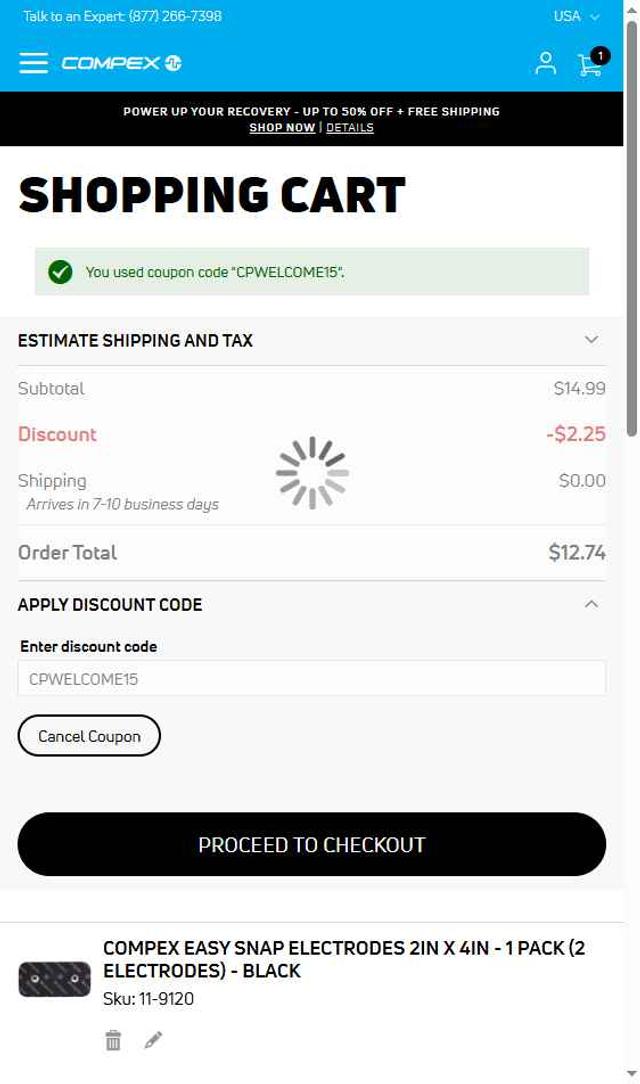 Compex checkout page showing Compex promo code box | Screenshot taken by SimplyCodes community member on Jul 18, 2025