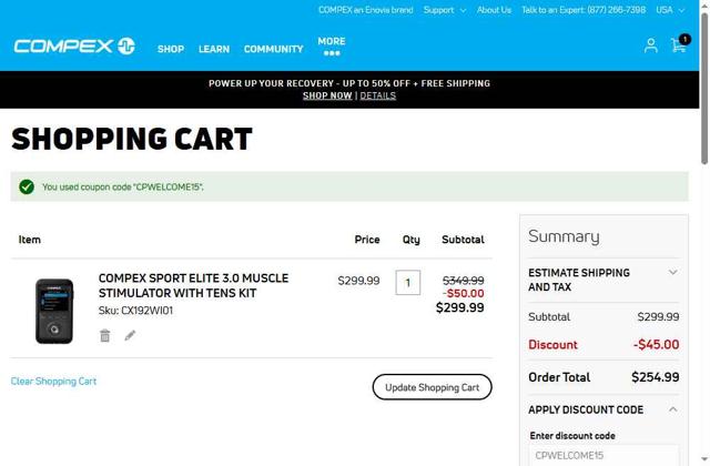 Compex checkout page showing Compex promo code box | Screenshot taken by SimplyCodes community member on Jul 18, 2025