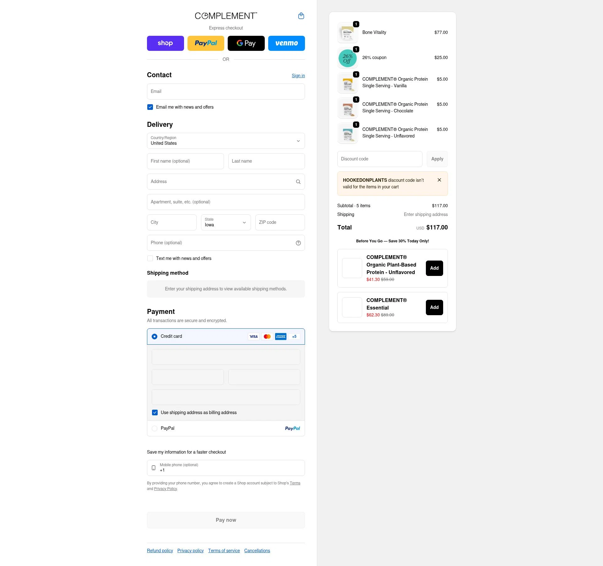Complement checkout page showing Complement discount code box | Screenshot taken by SimplyCodes community member on Feb 11, 2026