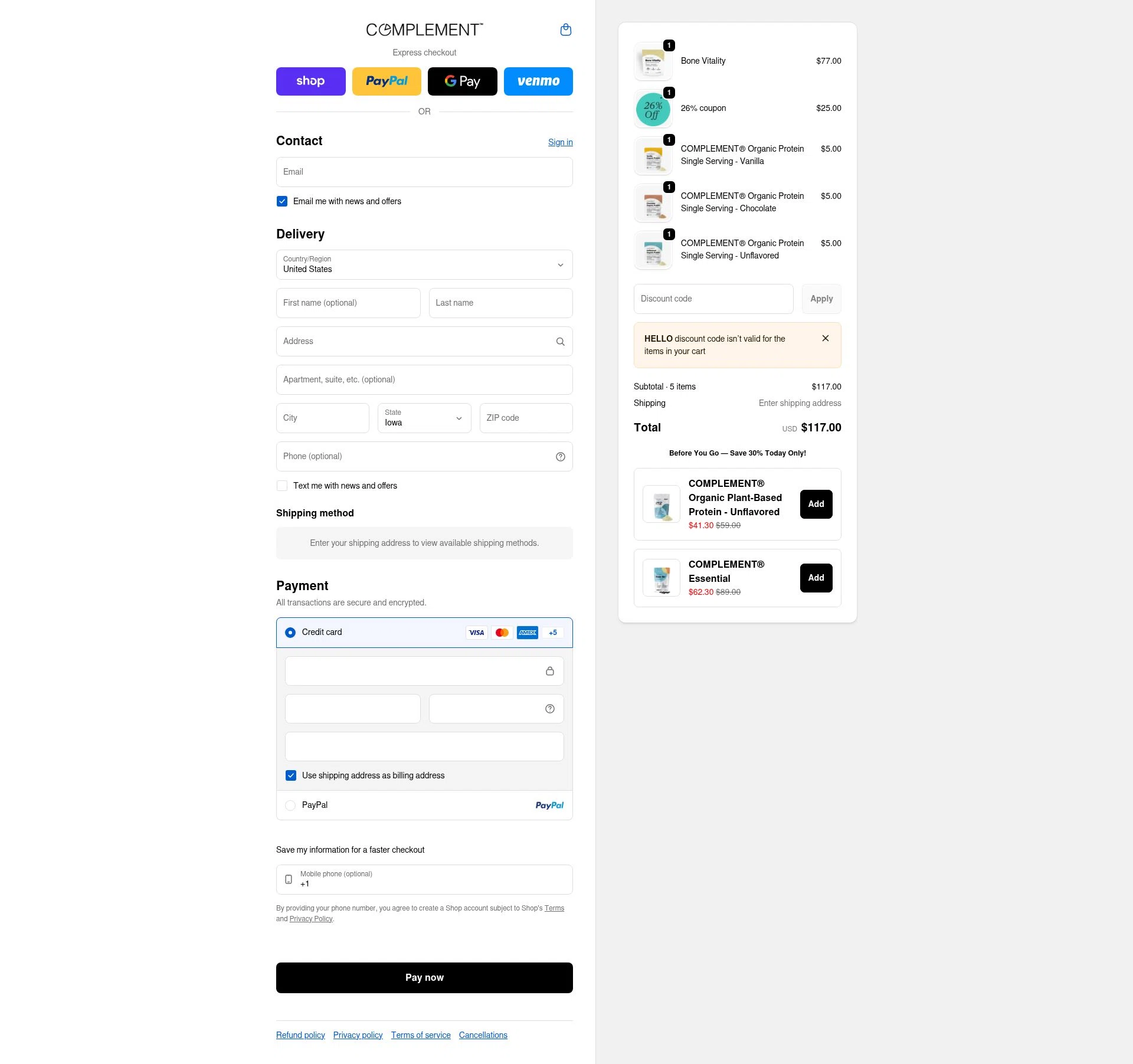 Complement checkout page showing Complement discount code box | Screenshot taken by SimplyCodes community member on Feb 11, 2026