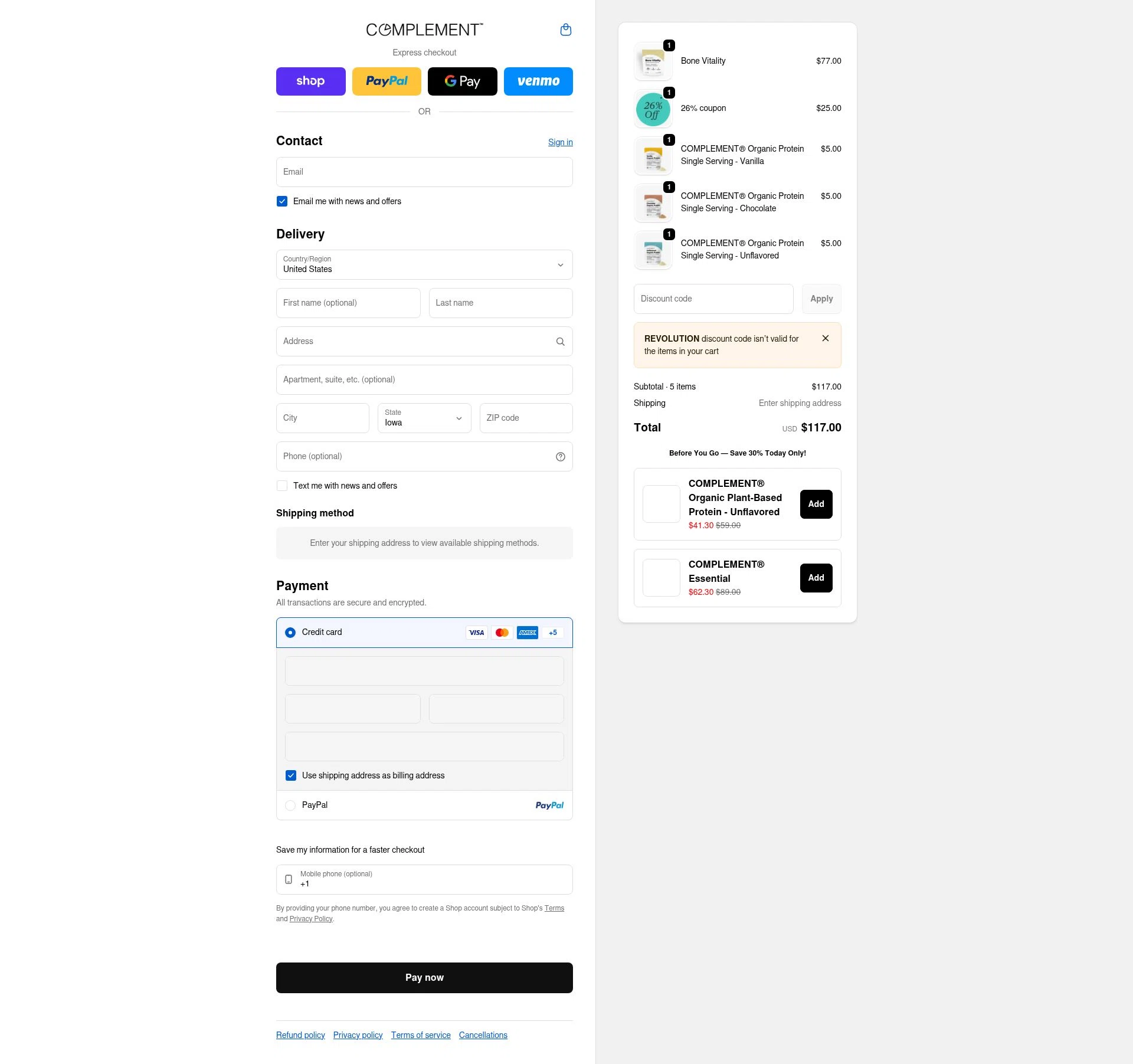 Complement checkout page showing Complement discount code box | Screenshot taken by SimplyCodes community member on Feb 11, 2026