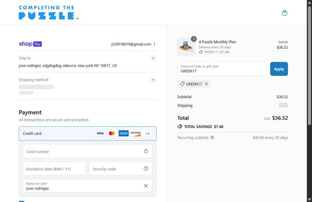 Completing the Puzzle checkout page showing Completing the Puzzle discount code box | Screenshot taken by SimplyCodes community member on Aug 25, 2025