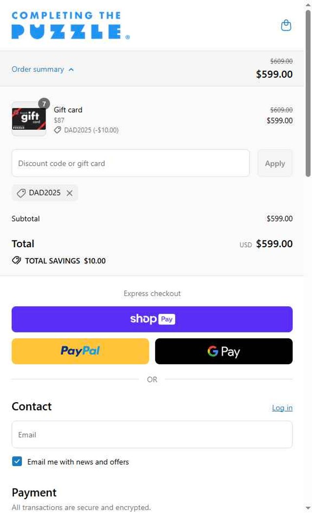 Completing the Puzzle checkout page showing Completing the Puzzle discount code box | Screenshot taken by SimplyCodes community member on Aug 12, 2025