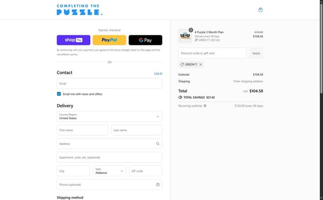 Completing the Puzzle checkout page showing Completing the Puzzle discount code box | Screenshot taken by SimplyCodes community member on Jul 27, 2025