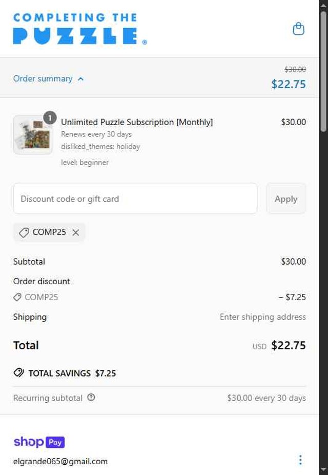 Completing the Puzzle checkout page showing Completing the Puzzle discount code box | Screenshot taken by SimplyCodes community member on Apr 30, 2025