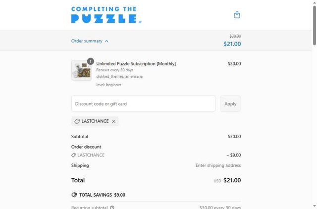 Completing the Puzzle checkout page showing Completing the Puzzle discount code box | Screenshot taken by SimplyCodes community member on Apr 30, 2025