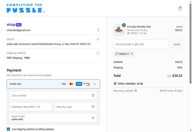 Completing the Puzzle checkout page showing Completing the Puzzle discount code box | Screenshot taken by SimplyCodes community member on May 29, 2025