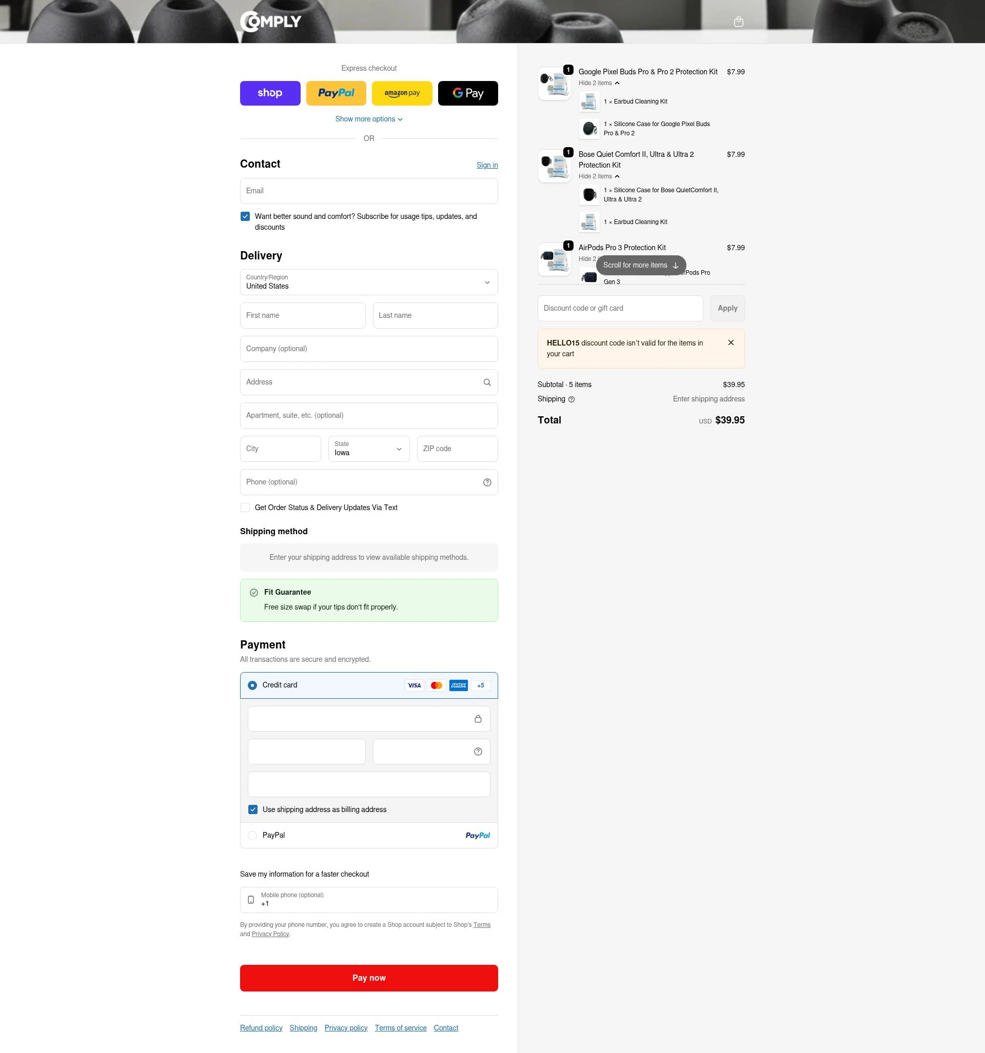 Comply Foam checkout page showing Comply Foam promo code box | Screenshot taken by SimplyCodes community member on Feb 7, 2026